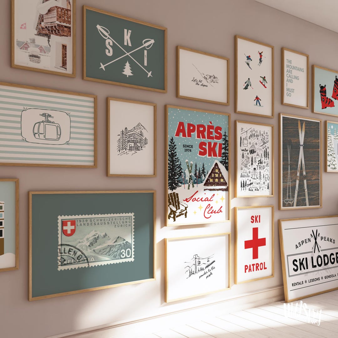 Ski Poster Set - Whimsical Winter Cabin Wall Art Prints (instant ...