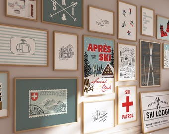 Póster de esquí: impresiones artísticas de pared con temática de cabaña invernal (descarga instantánea en PDF)
