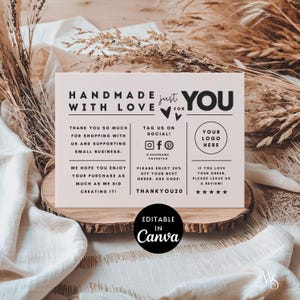 Plantilla de tarjeta de presentación hecha a mano con amor / Tarjeta de agradecimiento editable de 7 x 5 / Plantilla personalizable para pequeñas empresas / Archivo PDF / Editar en Canva