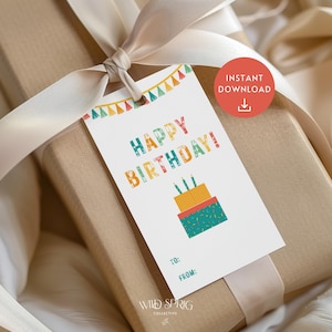 May include: A gift tag with the words "HAPPY BIRTHDAY!" in colorful letters, featuring a cake illustration. The tag is attached to a wrapped gift with a cream-colored ribbon. A red circle with the words "INSTANT DOWNLOAD" is in the upper right corner.