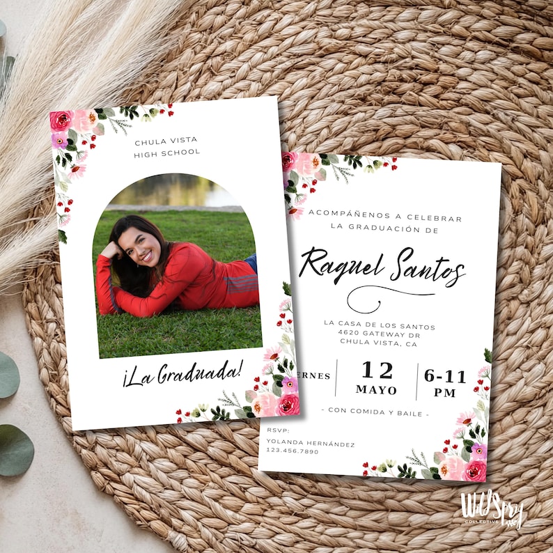 Spansk examensinbjudan: Blommig examensfestinbjudan, redigerbar 5x7 Canva digital nedladdning bild 8