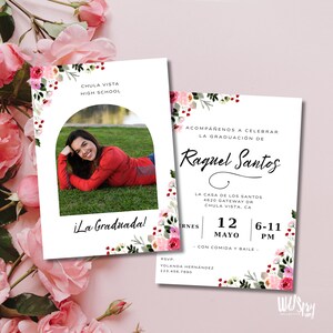 Spansk examensinbjudan: Blommig examensfestinbjudan, redigerbar 5x7 Canva digital nedladdning bild 2