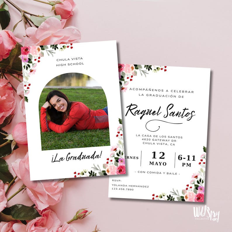 Spansk examensinbjudan: Blommig examensfestinbjudan, redigerbar 5x7 Canva digital nedladdning bild 2