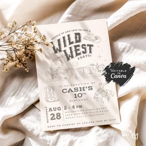 Invito di compleanno rustico da cowboy: modello modificabile in stile western Canva (download digitale 5x7)