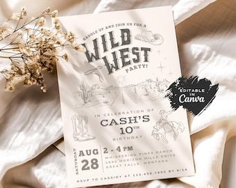 Rustik cowboyfödelsedagsinbjudan: Redigerbar western Canvas-mall (5x7 digital nedladdning)