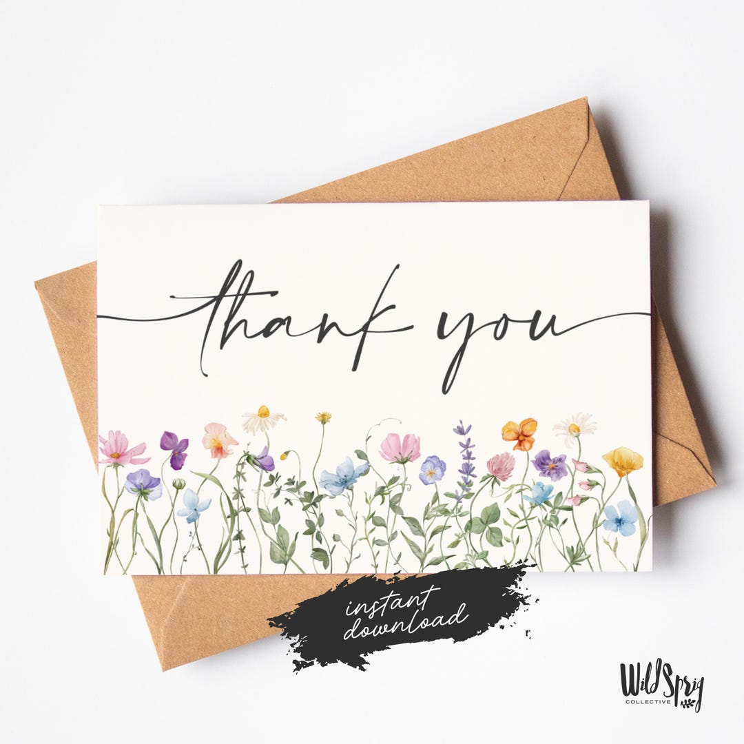 Wildflower Thank You Card - Watercolor Printable Stationery Digital ...