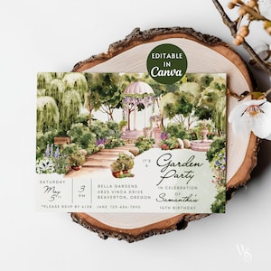 Invitación a fiesta en el jardín / Plantilla de invitación con acuarela caprichosa / Invitación a fiesta de primavera y verano / Plantilla editable de Canva / Tarjeta personalizable