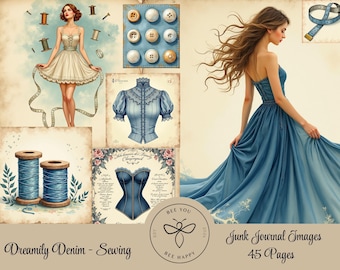 Dreamily Denim - Sewing Paper Set, Junk Journal, Scrapbooking, Papercraft