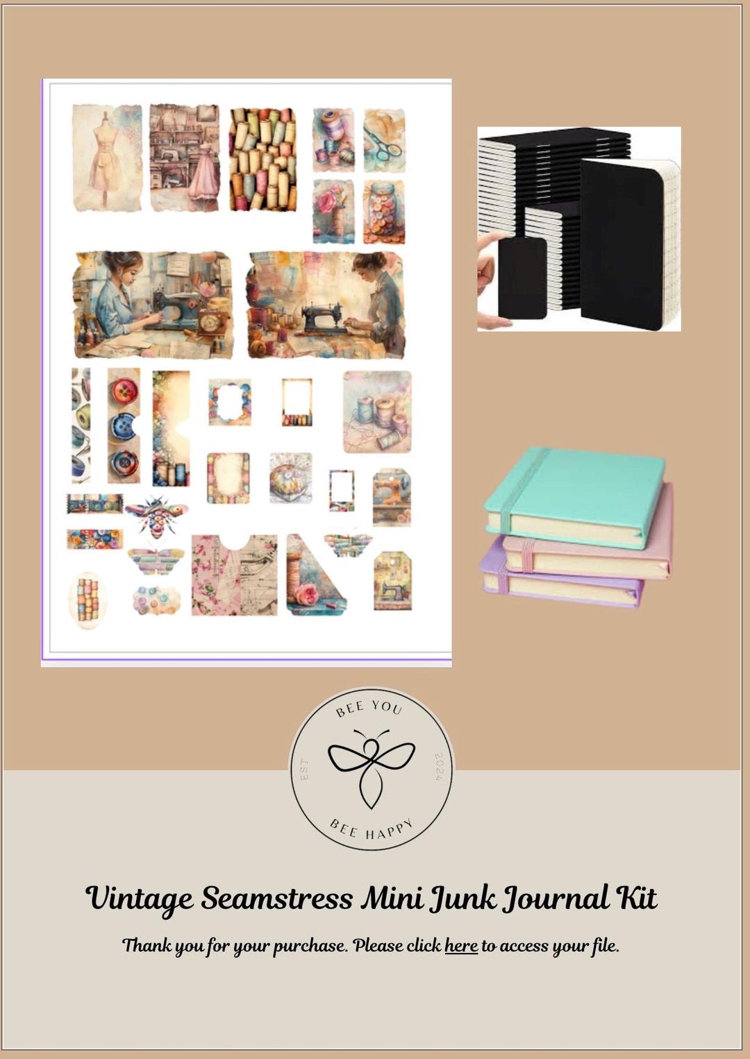 Journal Mini Pattern Paper Vintage Seamstress Mini Journal Kit , Mini Journal, Small Journal ...