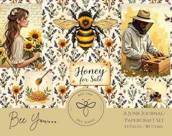 Bee You - Bee Inspired Junk Journal Paper Set, Nature Junk Journal Paper Set, Beautiful Bee Junk Journal Set. Honey Journal Set