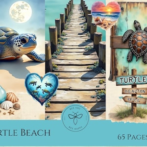 Puede incluir: Composición de arte digital con una tortuga marina, un muelle de madera y un letrero con la palabra "Turtle". La imagen incluye diseños en forma de corazón con escenas de playa y tortugas, además del texto "Turtle Beach" y "65 Pages".