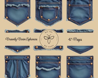 Dreamily Denim Ephemera Set, Junk Journal, Scrapbooking, Papercraft