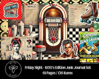 Friday Night 1950’s Retro Edition - Junk Journal Papercraft Set ,Ephemera, Scrapbook Pages , Journal Pages/ Set, Beautiful Retro Printable.