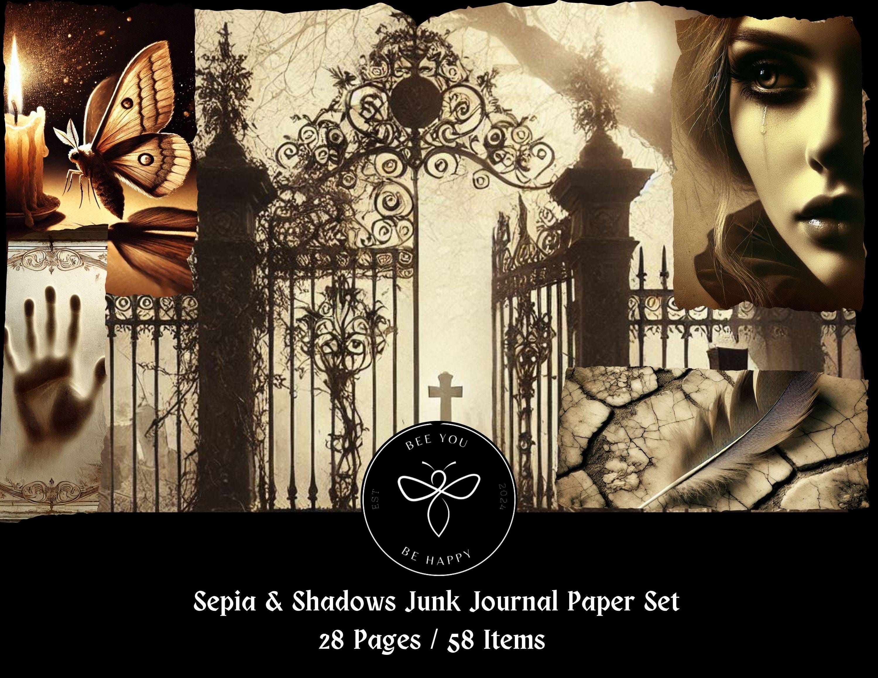 Sepia & Shadows Junk Journal Papercraft Set (11 x 6.5) Ephemera, Scrapbook Pages , Journal Pages/ Set, Beautiful Gothic Printable.