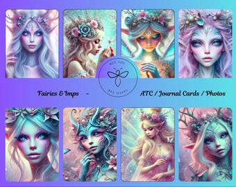 May include: A collection of eight fantasy art cards featuring fairies and imps. Each card showcases a different fairy with ethereal features, floral crowns, and vibrant colors like pink, blue, and purple. The text "Fairies & Imps" and "ATC / Journal Cards / Photos" are also visible.