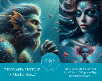 Mermaid, Mermen & Merbabies Junk Journal Paper Kit,  Art Paper, Scrapbook Pages , Junk Journal Pages/Set  ,  Art Printable Paper.