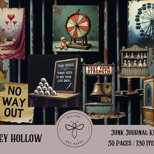 May include: A collage of vintage carnival-themed illustrations. Includes a Ferris wheel, a fortune-telling wheel, a strength tester, and a sign that reads "Test Your Strength". The words "Coney Hollow" and "Junk Journal Kit" are also visible.
