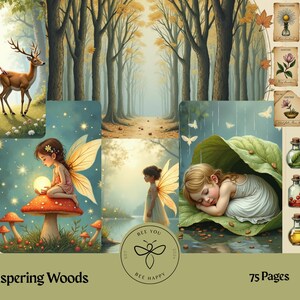 May include: Digital art featuring fairies, a deer, and forest scenes. The image includes illustrations of potion bottles, mushrooms, and botanical elements. Text reads "Whispering Woods" and "75 Pages". The overall theme is fantasy and nature.