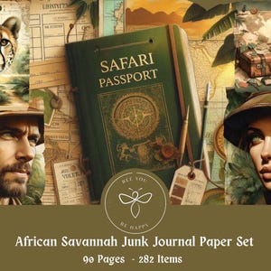 Set di diario di carta con tema safari nella savana africana, effimeri, pagine per album, pagine/set di diario, splendido safari stampabile.