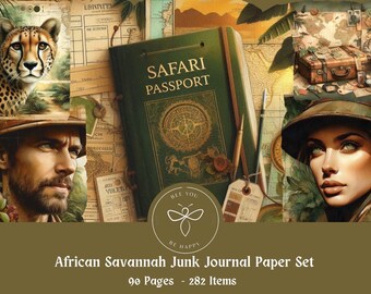 Africa Savannah  Safari Junk Journal Papercraft Set,   Ephemera, Scrapbook Pages , Journal Pages/ Set  , Beautiful safari Printable.
