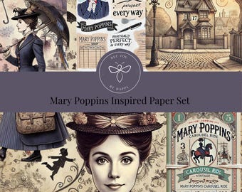 May include: A digital paper pack inspired by the classic children's book Mary Poppins. The pack includes images of Mary Poppins, a carousel, a house, and other whimsical elements. The text "Mary Poppins Inspired Paper Set" is displayed in the center of the image.