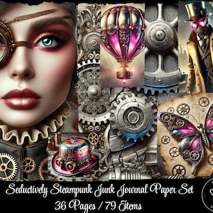 Set di diario di carta con oggetti indesiderati in stile steampunk, effimeri, pagine per album, pagine/set di diario, bellissimi stampabili in stile steampunk.
