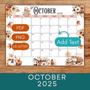Editable October 2025 Calendar | Fall Cozy Floral Printable Calendar | Wall Calendar | Fall Monthly Calendar | 11 x 8.5in | US Letter Size