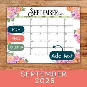 Editable September 2025 Calendar | Fall Printable Calendar Floral | Wall Calendar | Modern Monthly Calendar | 11 x 8.5in | US Letter Size