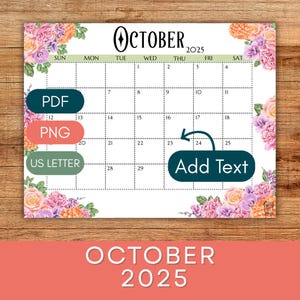 Editable October 2025 Calendar | Southern Floral Printable Calendar | Wall Calendar | Fall Monthly Calendar | 11 x 8.5in | US Letter Size