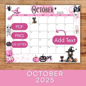Editable October 2025 Calendar | Pink Halloween Printable Calendar | Wall Calendar | Fall Monthly Calendar | 11 x 8.5in | US Letter Size