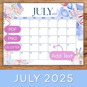Calendario de julio de 2025 editable / Calendario de verano imprimible (cuarto de julio) / Calendario de pared / Calendario mensual floral / 28 x 21,5 cm / Tamaño carta de EE. UU.
