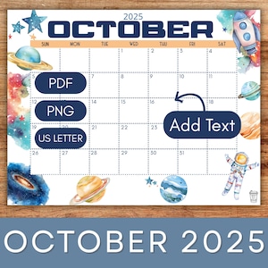 Editable October 2025 Calendar | Outer Space Printable Calendar | Kids Wall Calendar | Fall Monthly Calendar | 11 x 8.5in | US Letter Size