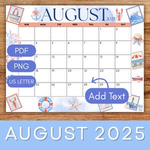 Bearbeitbarer Kalender August 2025 | Sommer Druckbarer Kalender Strand | Wandkalender | Monatskalender Küsten | 38,5 x 21 cm | US Letter Größe