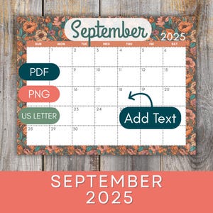 Editable September 2025 Calendar | Fall Printable Calendar Floral | Wall Calendar | Monthly Calendar Vintage | 11 x 8.5in | US Letter Size