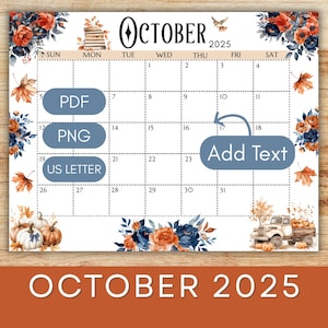Editable October 2025 Calendar | Fall Cozy Floral Printable Calendar | Wall Calendar | Fall Monthly Calendar | 11 x 8.5in | US Letter Size