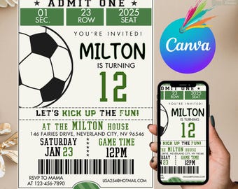 May include: A soccer-themed invitation for a 12th birthday party. The design features a soccer ball graphic, the name "Milton", and event details. A smartphone displays the invitation. The invitation includes the text "Let's Kick Up The Fun!"