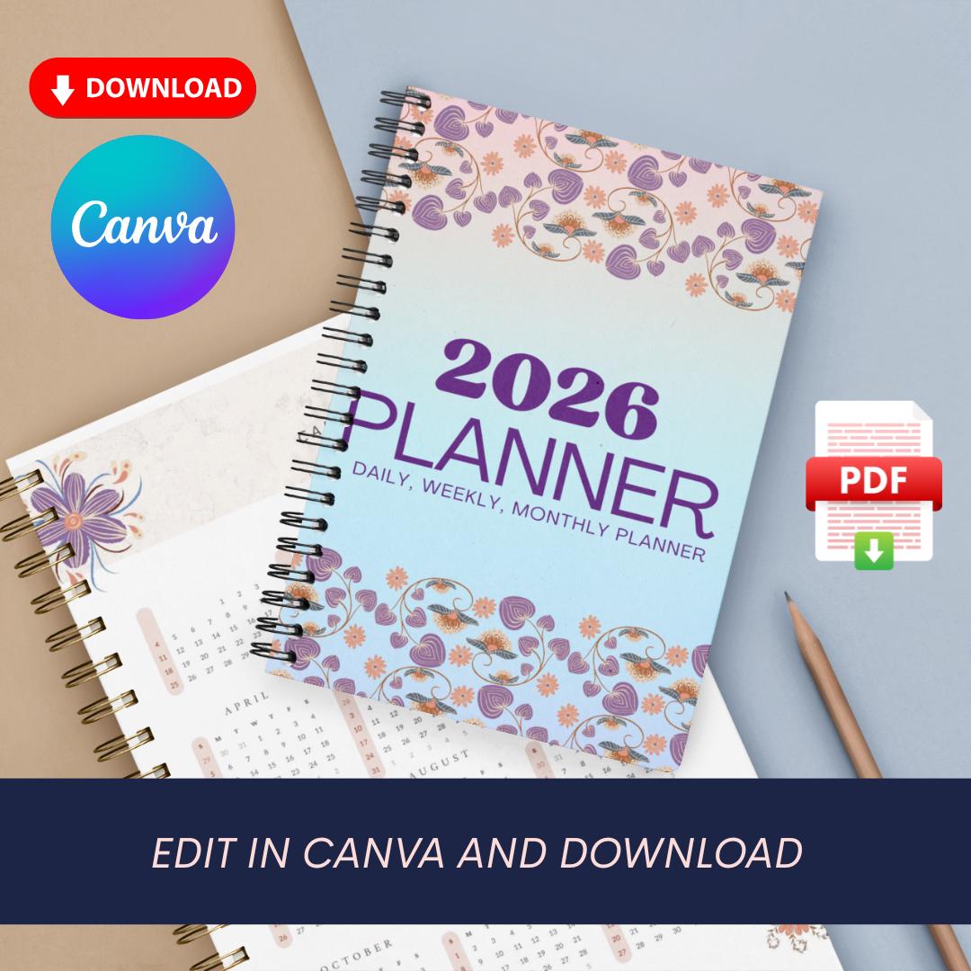 2026 Planner Canva Template | Daily Weekly Monthly Organizer ...