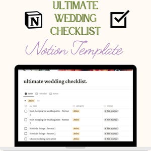 Puede incluir: Una pantalla de portátil muestra una plantilla de lista de verificación de boda titulada "Ultimate Wedding Checklist" con el texto "Notion Template". La lista incluye categorías como "Attire" y estados de tareas. El diseño presenta un esquema de color verde y morado.