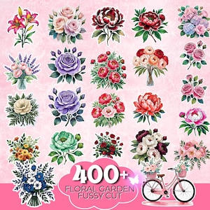 Flowers Garden Fussy Cut Bundle, Floral Fussy Cuts, Floral Ephemera, Junk Journal, Rose Ephemera Pink Flower Fussy Cut Shabby Chic Fussy Cut