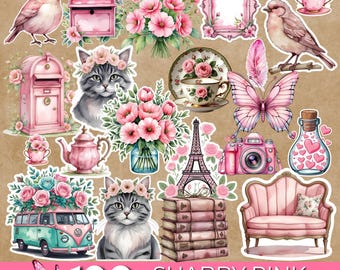 Shabby Chic Fussy Cuts 100, Junk Journal Zubehör, Rosa Rose Junk Journal Kit, Shabby Chic Ephemera Kit Scrapbooking Blume, Schmetterling Schnitte