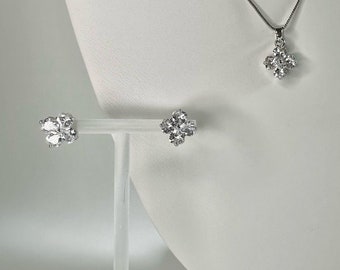 Rhodium Plated Flower Necklace and Earrings Set – Bridal Wedding Jewelry, Elegant Zirconia Crystals Gift for Her Mother's Day Gift