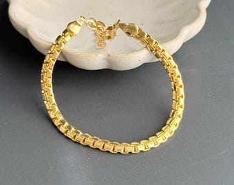 18K Gold Plated Box Chain Bracelet – Dainty Gold Bracelet, Modern Chain Jewelry, Mother's Day Gift, Gift for mom