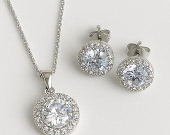 Cubic Zirconia Jewelry Set: Rhodium Plated Necklace and Stud Earrings, Mother's Day Gift, Gift for mom