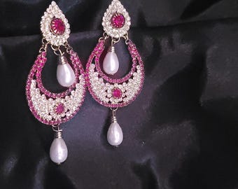 Pink Crystal Pearl Drop Earrings
