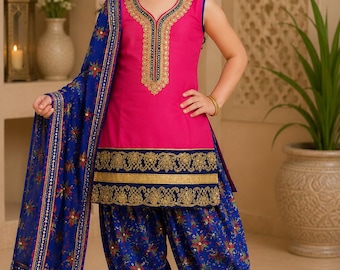 Girls Pink and Royal Blue Punjabi Suit Set