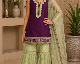 Girls Plum and Mint Sharara Set