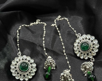 Unique Green Jhumka Earrings with elegant beaded detail chains