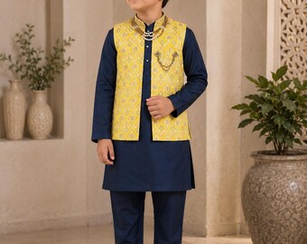 Boys Yellow and Navy Kurta Set