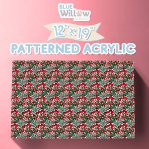 May include: A 12" x 19" patterned acrylic sheet with a red background and a repeating pattern of white flowers and green leaves.