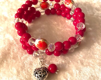 Bracelet corail rouge et céramique peinte